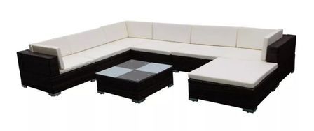 Salon de jardin 8 pièces résine tressée marron coussins blanc Kim