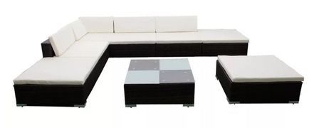 Salon de jardin 8 pièces résine tressée marron coussins blanc Kim 2