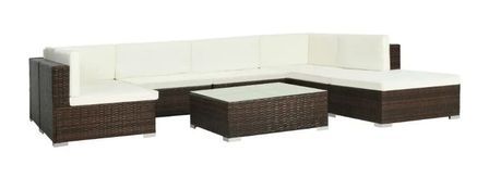 Salon de jardin 8 pièces résine tressée marron et coussins blanc Blanca