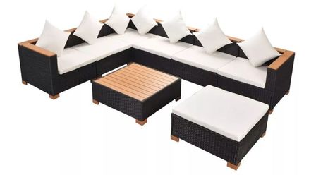 Salon de jardin 8 pièces résine tressée noir coussins blancs Kimberly