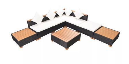 Salon de jardin 8 pièces résine tressée noir et coussins blanc Kimberly