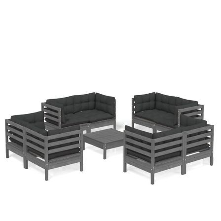 Salon de jardin 9 pcs avec coussins anthracite Bois de pin 3