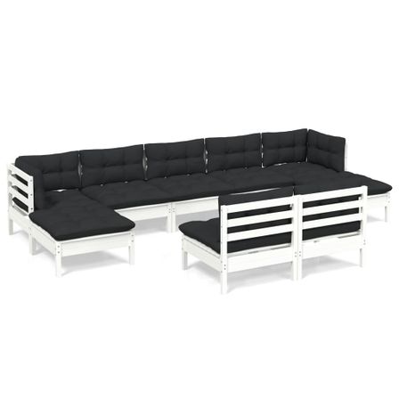 Salon de jardin 9 pcs avec coussins Blanc Bois de pin 2