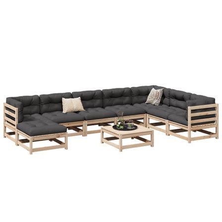Salon de jardin 9 pcs avec coussins bois de pin massif