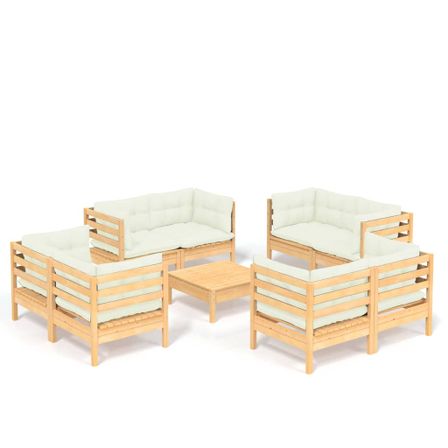 Salon de jardin 9 pcs avec coussins crème Bois de pin 3