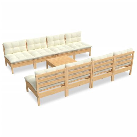 Salon de jardin 9 pcs avec coussins crème Bois de pin massif 5