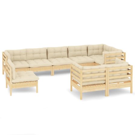 Salon de jardin 9 pcs avec coussins crème Bois de pin massif 8