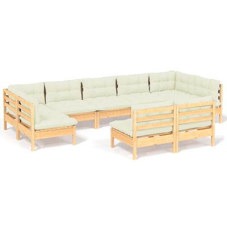 Salon de jardin 9 pcs avec coussins crème Bois de pin solide 3