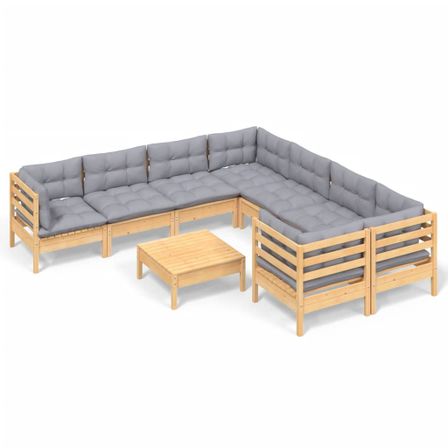 Salon de jardin 9 pcs avec coussins gris Bois de pin 6