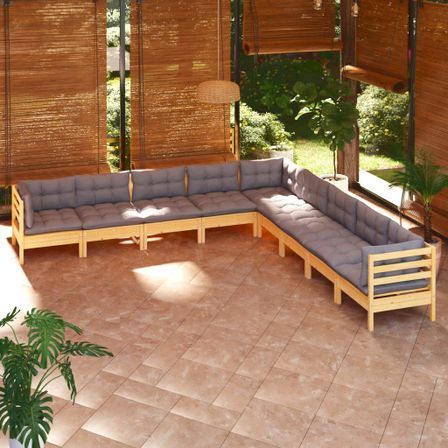 Salon de jardin 9 pcs avec coussins gris Bois de pin solide