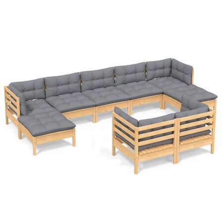 Salon de jardin 9 pcs avec coussins gris Bois de pin solide 6