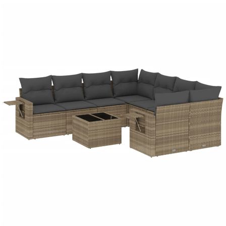 Salon de jardin 9 pcs avec coussins gris clair résine tressée