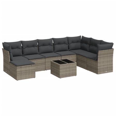 Salon de jardin 9 pcs avec coussins gris résine tressée