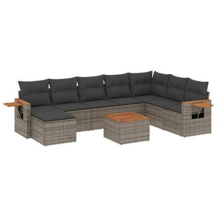 Salon de jardin 9 pcs avec coussins gris résine tressée