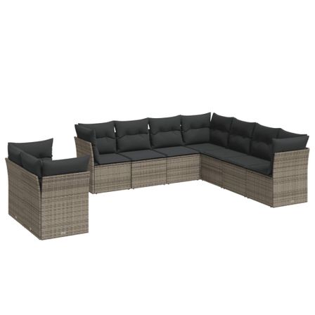 Salon de jardin 9 pcs avec coussins gris résine tressée