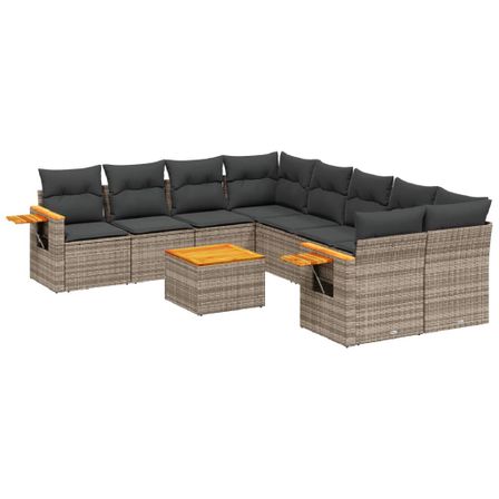 Salon de jardin 9 pcs avec coussins gris résine tressée