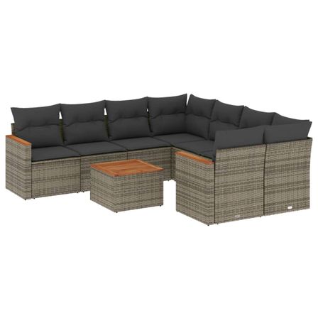 Salon de jardin 9 pcs avec coussins gris résine tressée