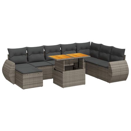 Salon de jardin 9 pcs avec coussins gris résine tressée