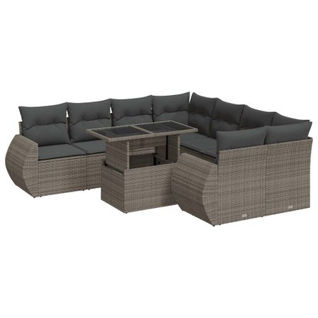 Salon de jardin 9 pcs avec coussins gris résine tressée