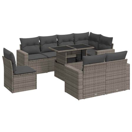 Salon de jardin 9 pcs avec coussins gris résine tressée