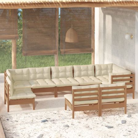 Salon de jardin 9 pcs avec coussins Marron miel Bois de pin 2