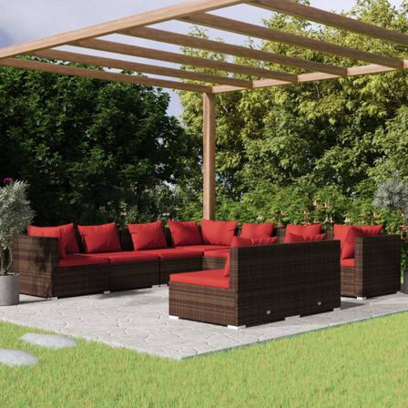 Salon de jardin 9 pcs avec coussins Marron Résine tressée