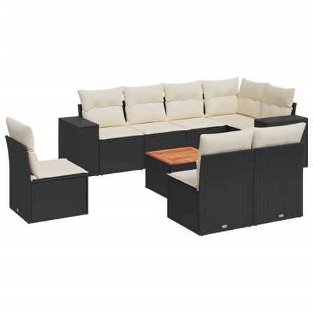 Salon de jardin 9 pcs avec coussins noir résine tressée