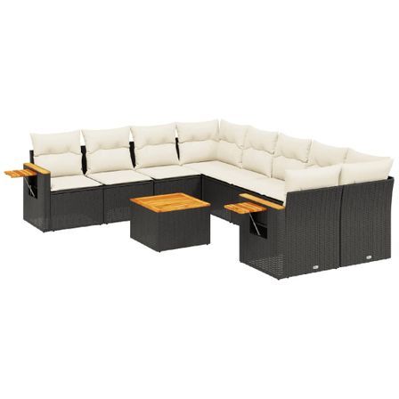 Salon de jardin 9 pcs avec coussins noir résine tressée