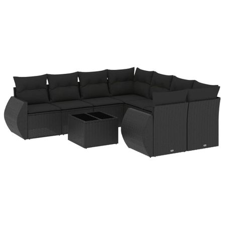 Salon de jardin 9 pcs avec coussins noir résine tressée