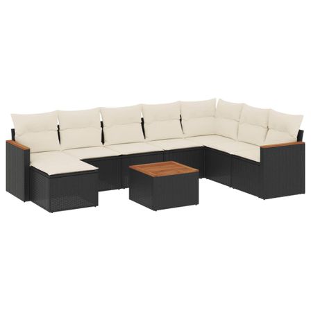 Salon de jardin 9 pcs avec coussins noir résine tressée