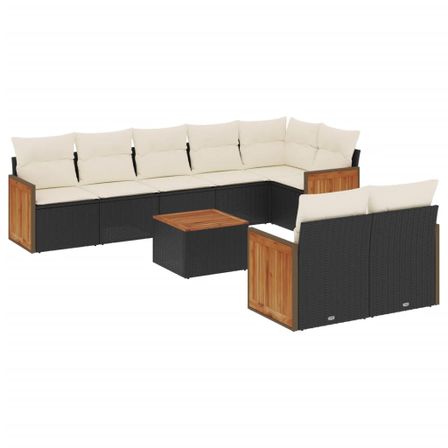 Salon de jardin 9 pcs avec coussins noir résine tressée