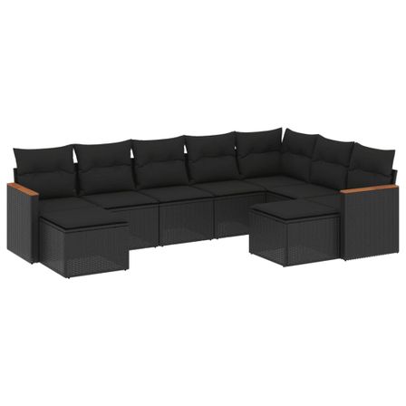 Salon de jardin 9 pcs avec coussins noir résine tressée