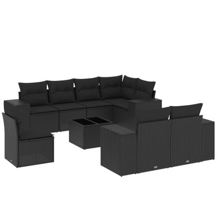 Salon de jardin 9 pcs avec coussins noir résine tressée