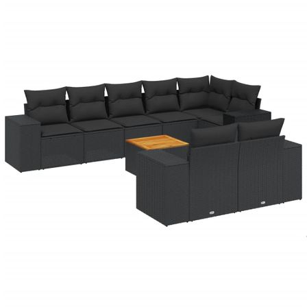 Salon de jardin 9 pcs avec coussins noir résine tressée