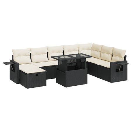 Salon de jardin 9 pcs avec coussins noir résine tressée