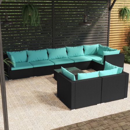 Salon de jardin 9 pcs avec coussins Noir Résine tressée