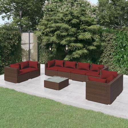 Salon de jardin 9 pcs avec coussins Résine tressée Marron