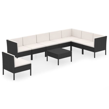 Salon de jardin 9 pcs avec coussins Résine tressée Noir 81