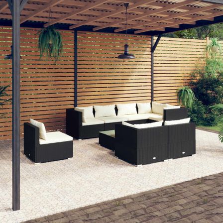 Salon de jardin 9 pcs avec coussins Résine tressée Noir