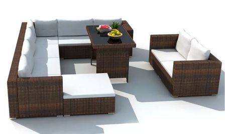 Salon de jardin 9 pièces résine tressée marron coussins blanc Mik