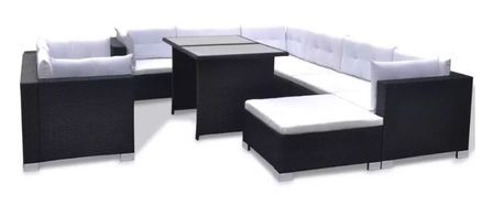 Salon de jardin 9 pièces résine tressée noir et coussins blanc Kim