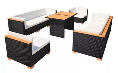 Salon de jardin 9 pièces résine tressée noir et coussins blanc Kimberly