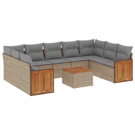 Salon de jardin avec coussins 10 pcs beige résine tressée