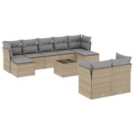 Salon de jardin avec coussins 10 pcs beige résine tressée