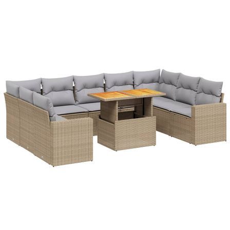 Salon de jardin avec coussins 10 pcs beige résine tressée
