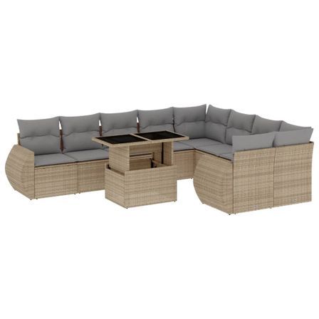 Salon de jardin avec coussins 10 pcs beige résine tressée
