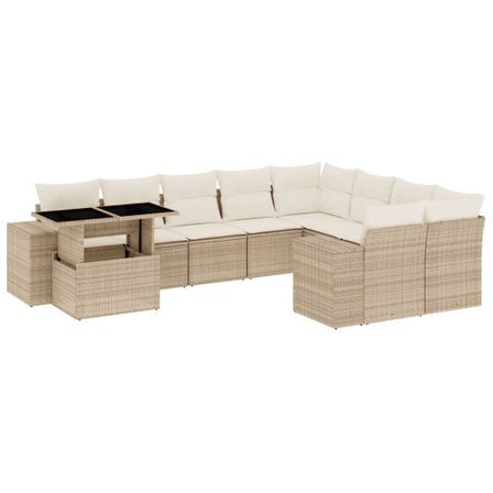 Salon de jardin avec coussins 10 pcs beige résine tressée
