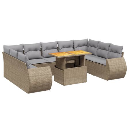 Salon de jardin avec coussins 10 pcs beige résine tressée