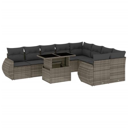 Salon de jardin avec coussins 10 pcs gris résine tressée