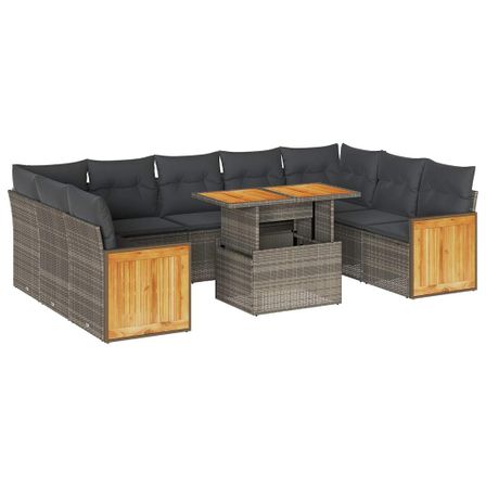 Salon de jardin avec coussins 10 pcs gris résine tressée acacia